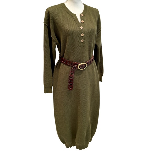 NWOT Long Knit Sweater Dress- Army Green | Button V-Neck + Long Sleeves (M) - Picture 5 of 16